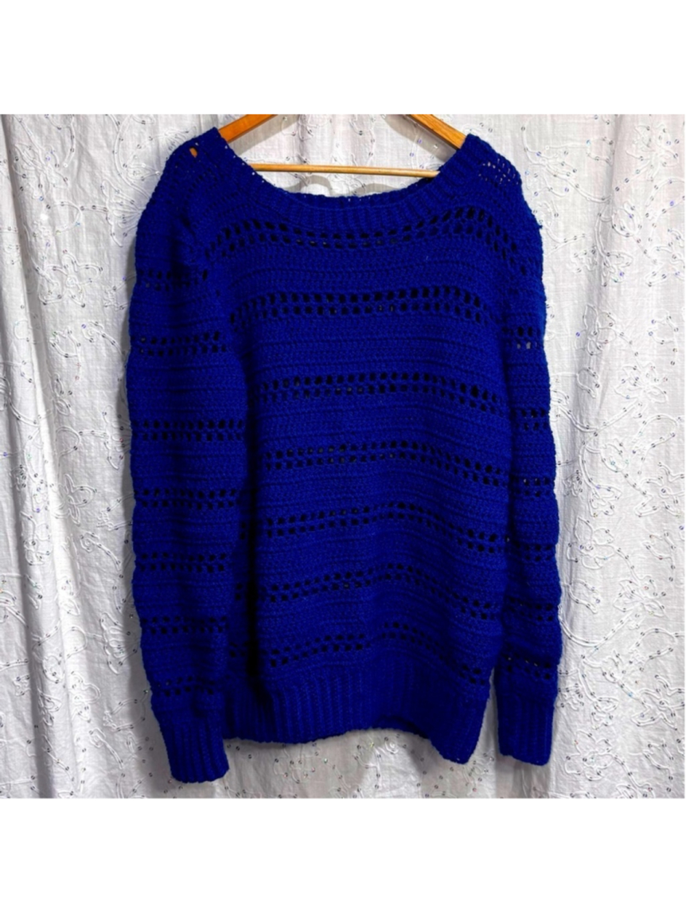 Vintage Hand Knit Royal Blue Women’s Sweater Size L/XL Tall